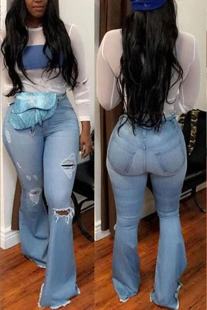 2019 High Waist Female Denim Bell Bottom Ripped Jeans For Women Wide Leg Pants Fat Mom Jeans Flare Skinny Jeans Woman Large Size