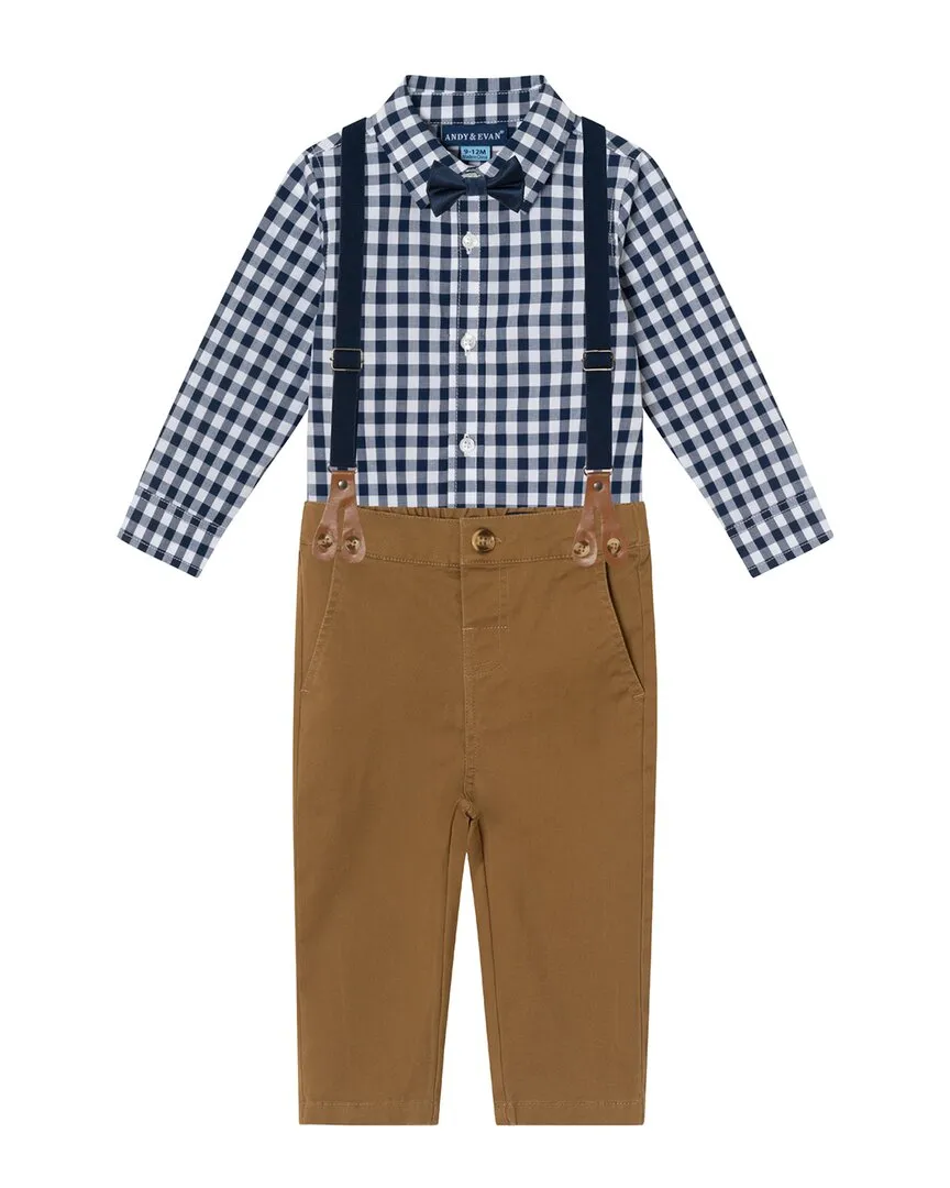 Andy & Evan Gingham Button-Down, Suspenders & Pant Set