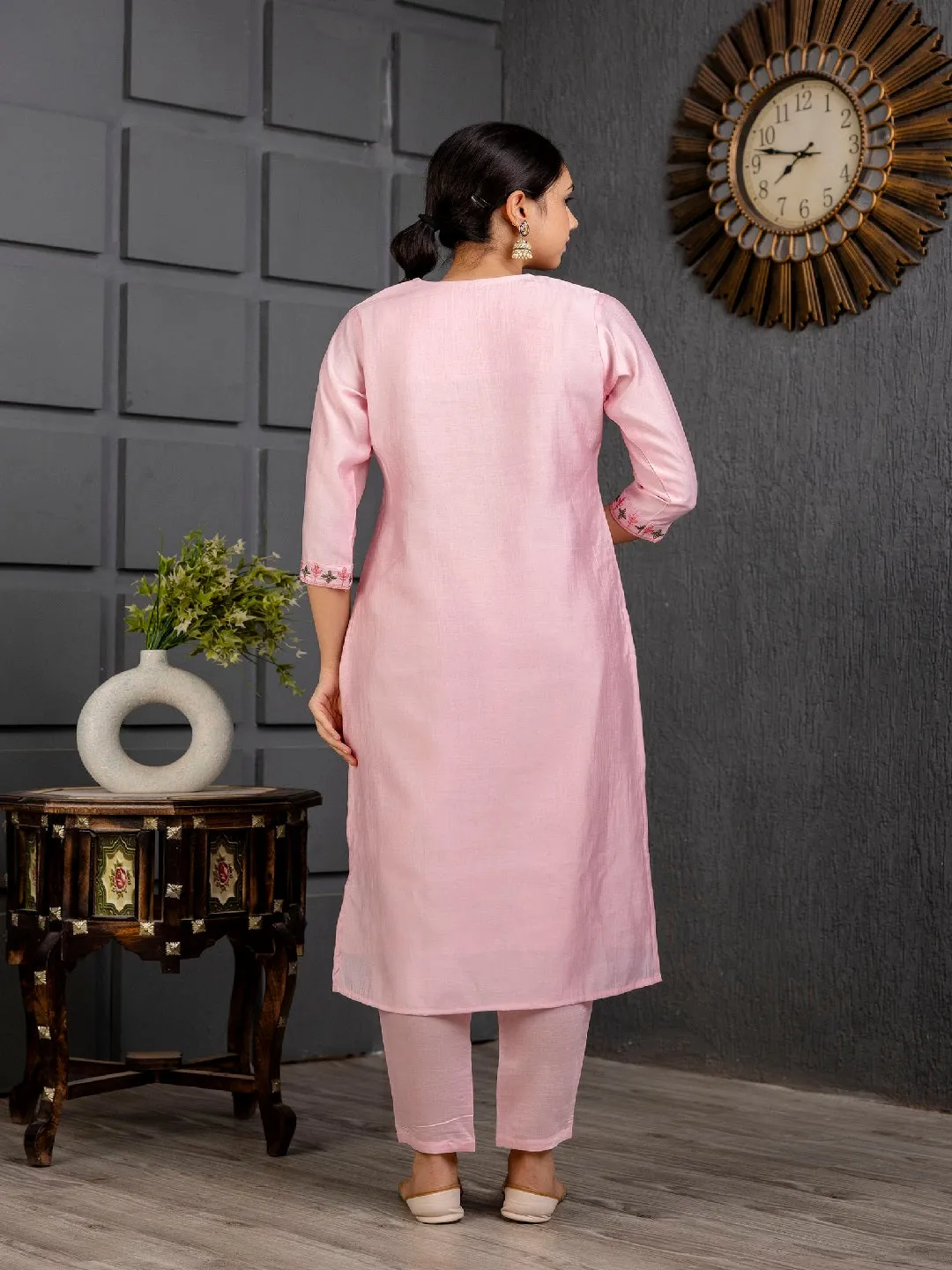 Baby Pink Designer Readymade Pant Suit With Embroidery Work