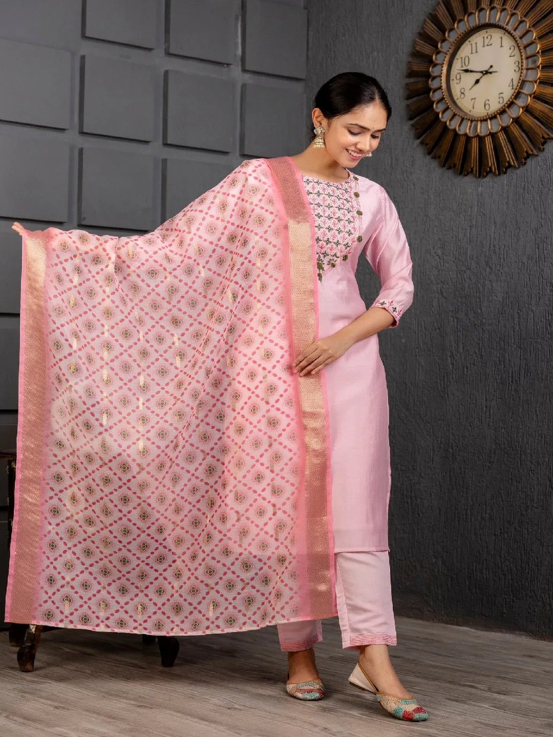 Baby Pink Designer Readymade Pant Suit With Embroidery Work