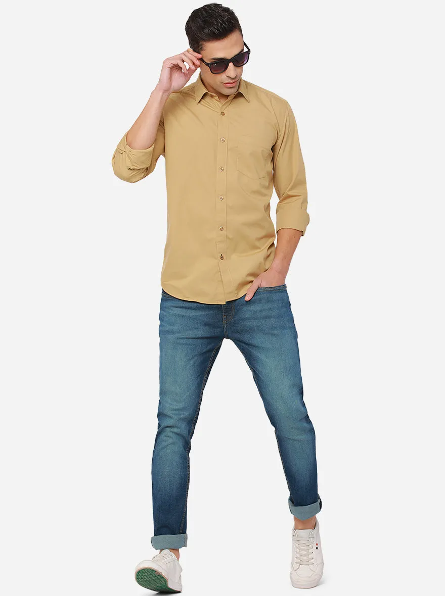 Beige Solid Slim Fit Casual Shirt | Greenfibre