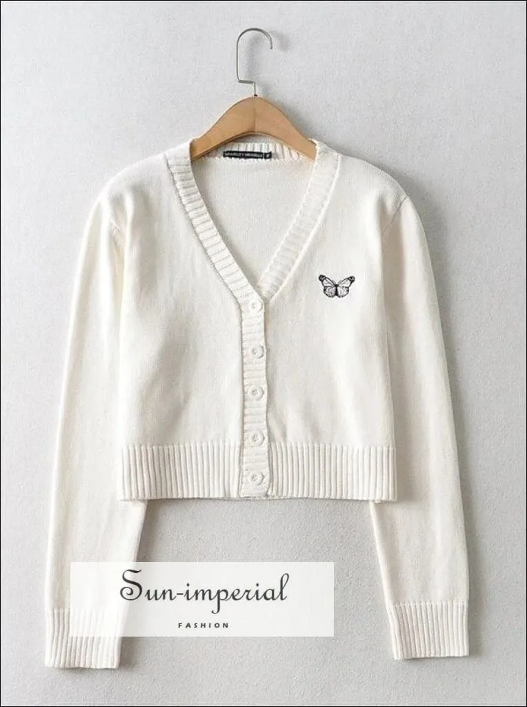Black V Neck Embroidery Butterfly Crop Knit Cardigan