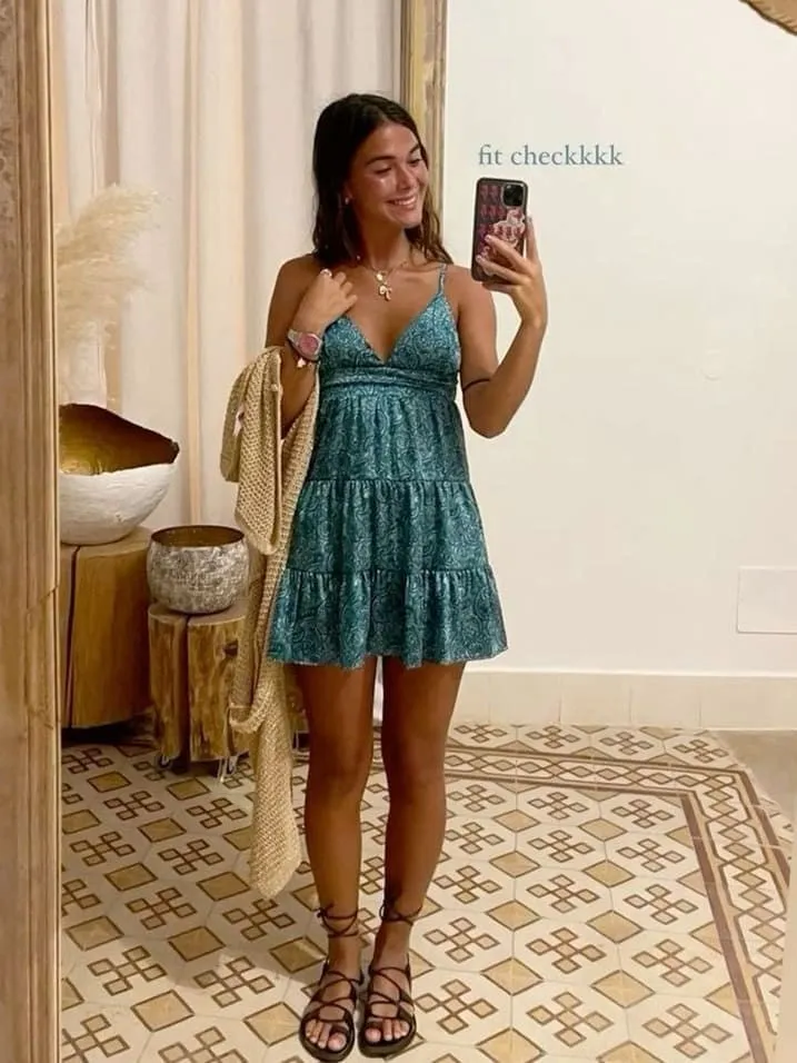 Blue Printed V Neck Straps Short Party Dress Mini Summer Dress, DP2869