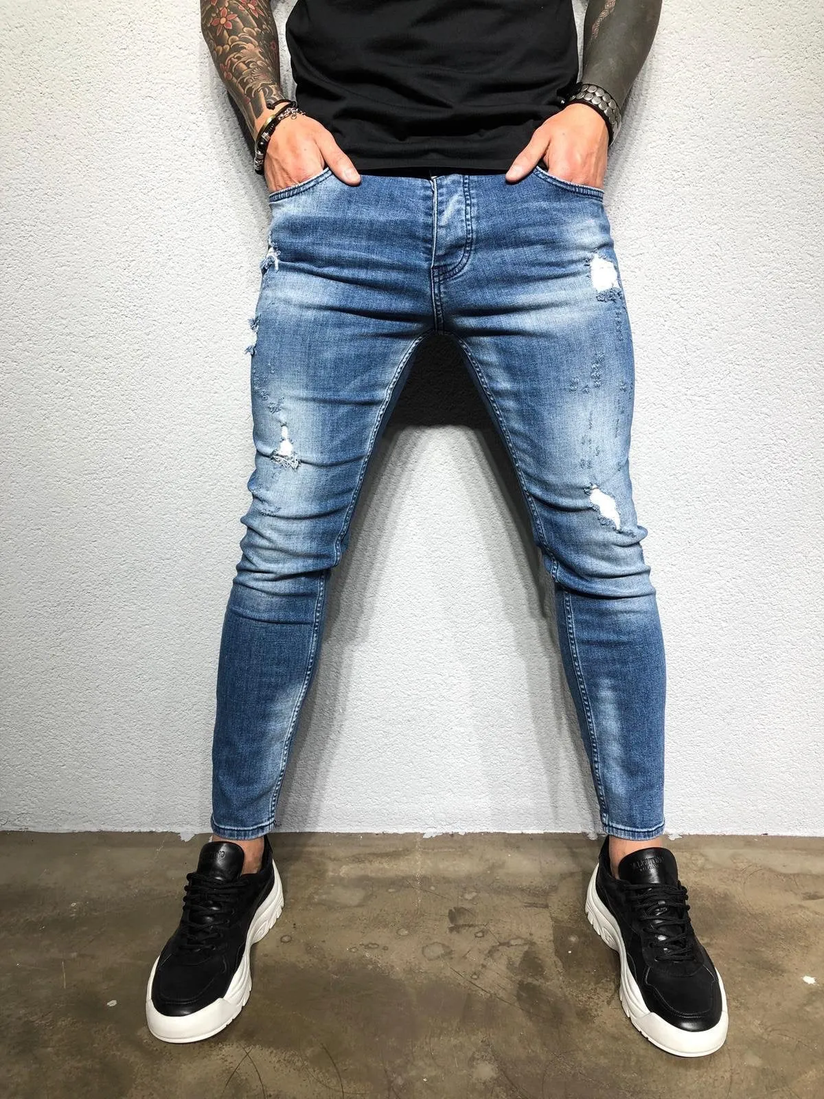 Blue Washed Distressed Denim BL228 Streetwear Baggy Jeans