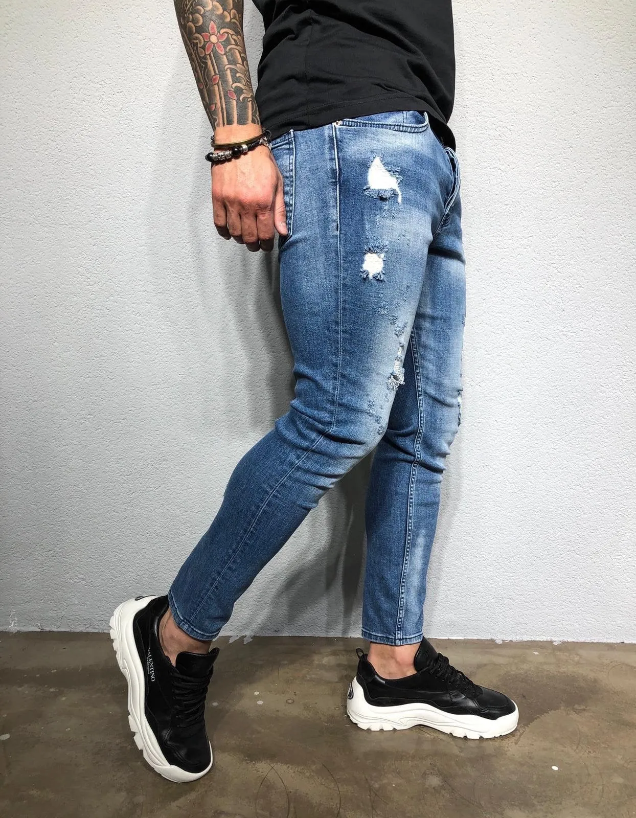 Blue Washed Distressed Denim BL228 Streetwear Baggy Jeans