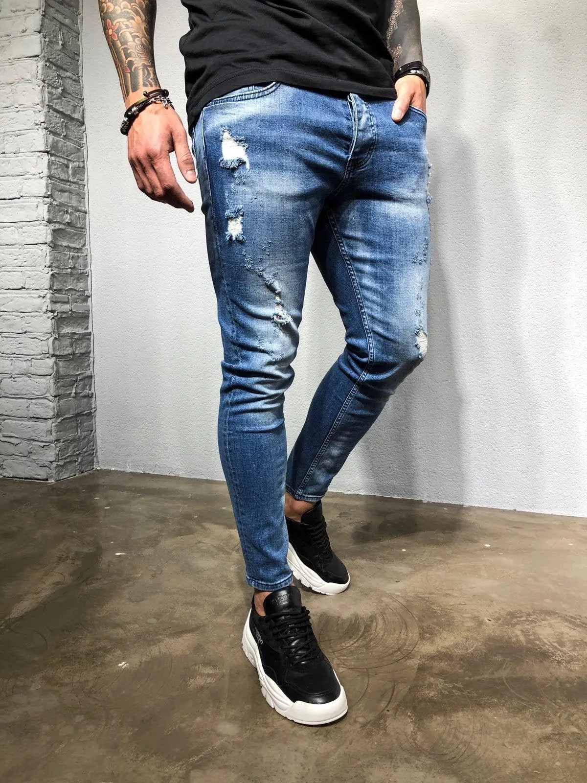 Blue Washed Distressed Denim BL228 Streetwear Baggy Jeans