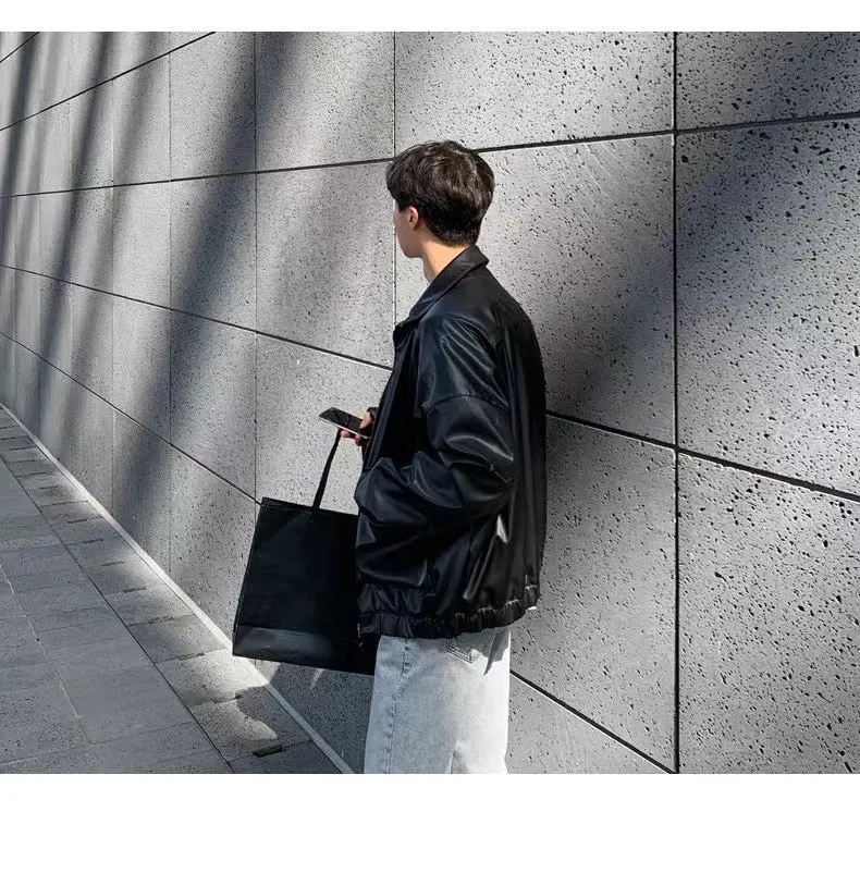 Bonsir  Men's Loose Russian PU Leather Jackets Casual Fashion Trend Outerwear Top Black Color Motorcycle Jackets Baseball Coats
