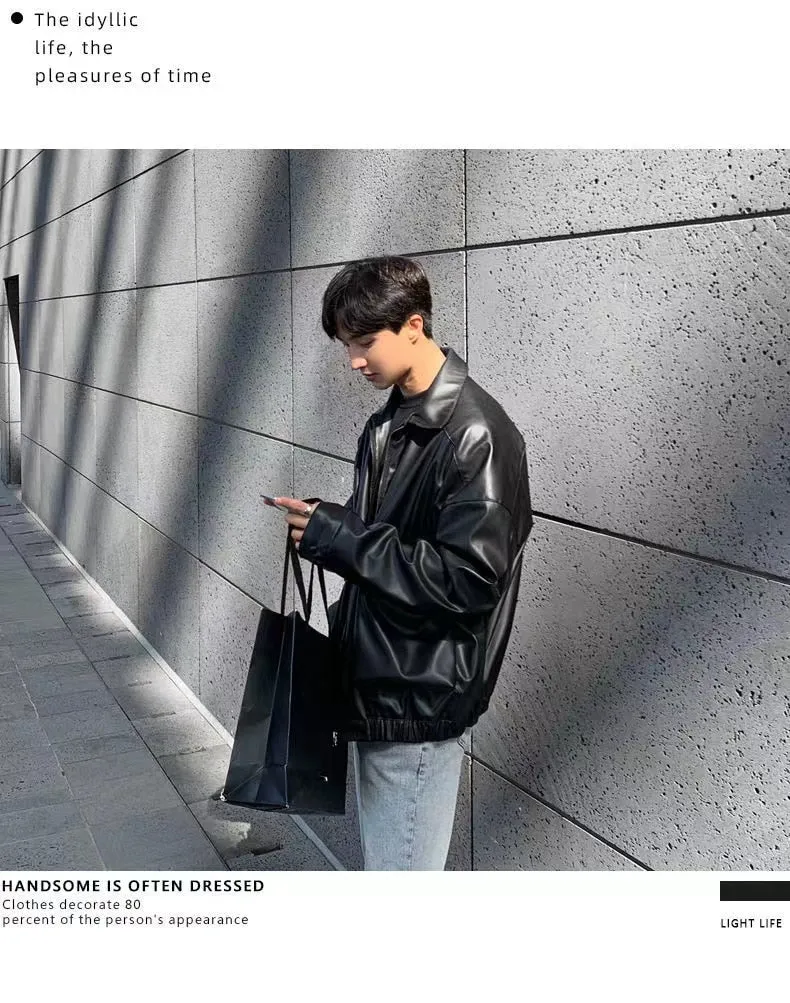 Bonsir  Men's Loose Russian PU Leather Jackets Casual Fashion Trend Outerwear Top Black Color Motorcycle Jackets Baseball Coats