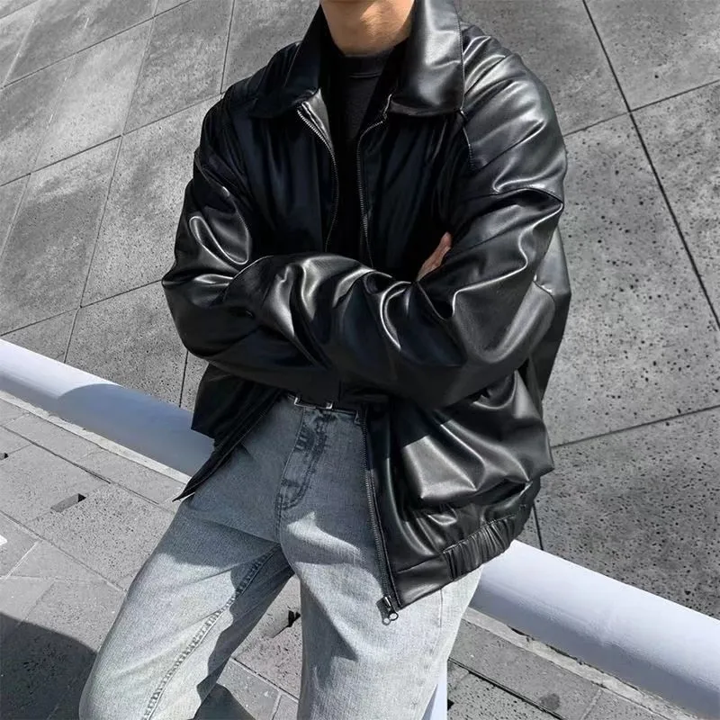 Bonsir  Men's Loose Russian PU Leather Jackets Casual Fashion Trend Outerwear Top Black Color Motorcycle Jackets Baseball Coats