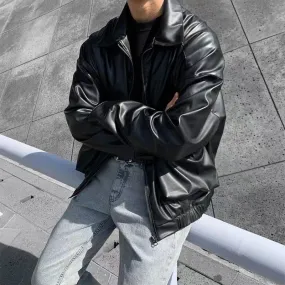 Bonsir  Men's Loose Russian PU Leather Jackets Casual Fashion Trend Outerwear Top Black Color Motorcycle Jackets Baseball Coats