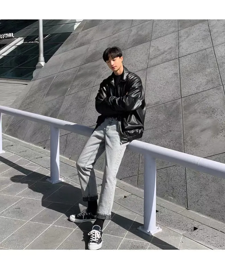 Bonsir  Men's Loose Russian PU Leather Jackets Casual Fashion Trend Outerwear Top Black Color Motorcycle Jackets Baseball Coats