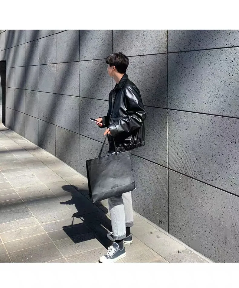 Bonsir  Men's Loose Russian PU Leather Jackets Casual Fashion Trend Outerwear Top Black Color Motorcycle Jackets Baseball Coats