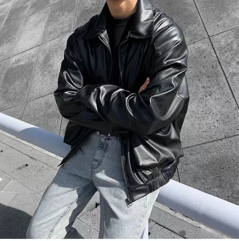 Bonsir  Men's Loose Russian PU Leather Jackets Casual Fashion Trend Outerwear Top Black Color Motorcycle Jackets Baseball Coats