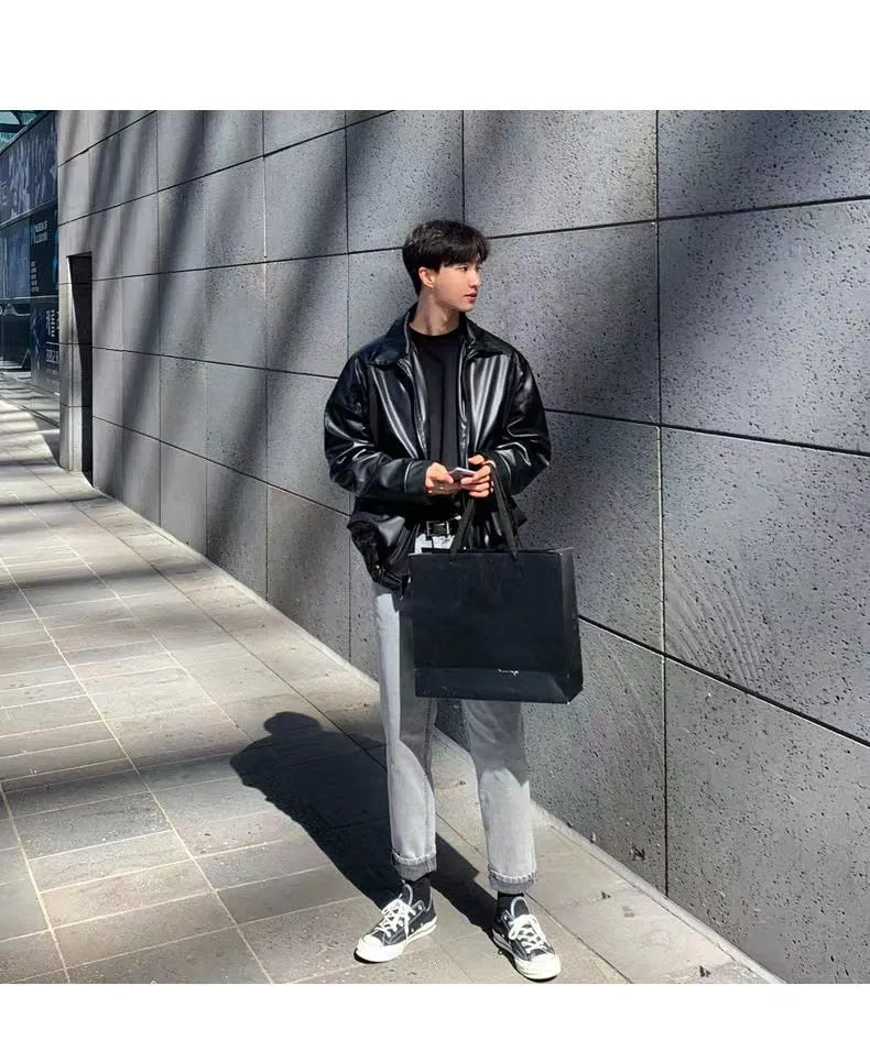 Bonsir  Men's Loose Russian PU Leather Jackets Casual Fashion Trend Outerwear Top Black Color Motorcycle Jackets Baseball Coats