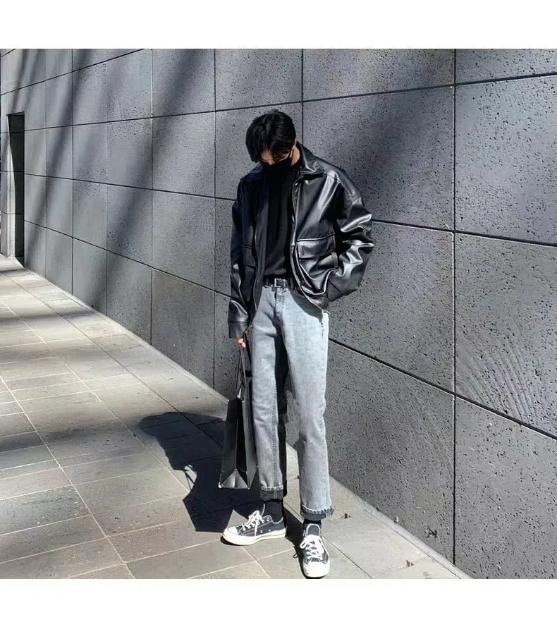 Bonsir  Men's Loose Russian PU Leather Jackets Casual Fashion Trend Outerwear Top Black Color Motorcycle Jackets Baseball Coats