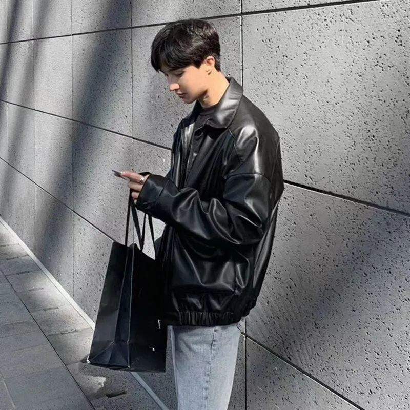 Bonsir  Men's Loose Russian PU Leather Jackets Casual Fashion Trend Outerwear Top Black Color Motorcycle Jackets Baseball Coats