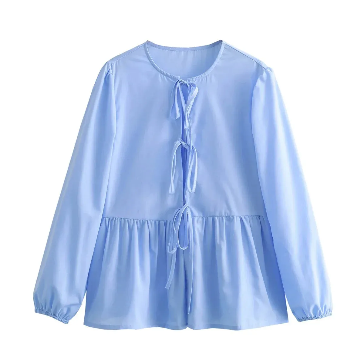 Bow Bandage HollowCasual Solid Color Patchwork Long Sleeve Loose T-shirt