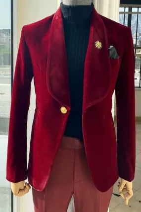 Burgundy Shawl Lapel Two Pieces Slime Fit Velvet Wedding Suits One Button Blazer Set
