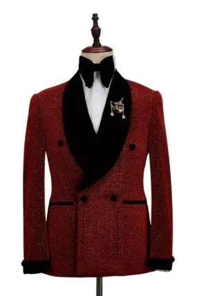 Chic Burgundy Sequins Double Breasted Wedding Suits Tuxedo Suits for Men