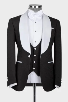 Classic Black Three Pieces Wedding Suits White Shawl Lapel Slim Fit Blazer Vest Pants