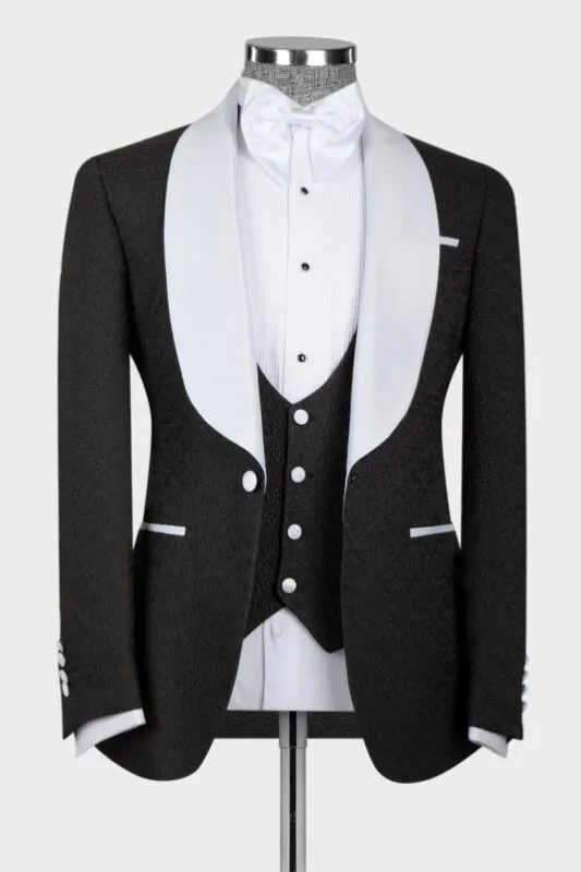 Classic Black Three Pieces Wedding Suits White Shawl Lapel Slim Fit Blazer Vest Pants