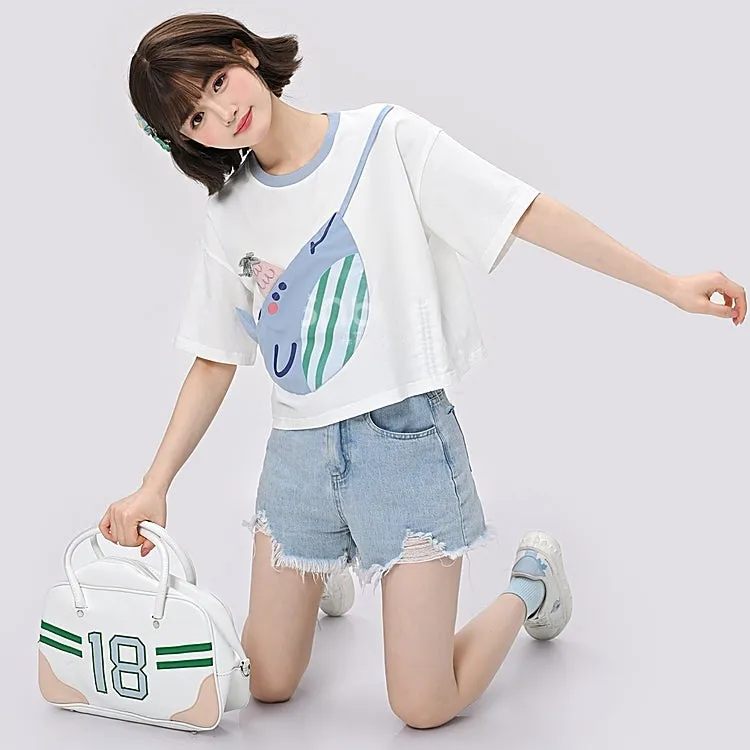 Cute Blue Whale Color Contrast Stitching T-shirt