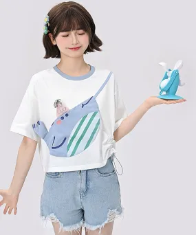 Cute Blue Whale Color Contrast Stitching T-shirt