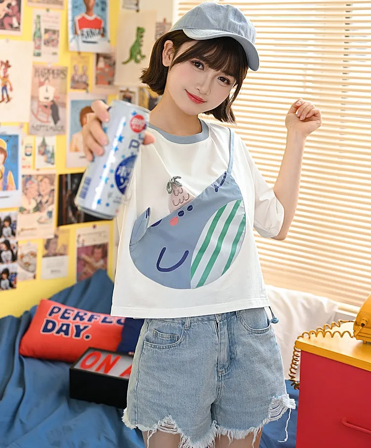Cute Blue Whale Color Contrast Stitching T-shirt