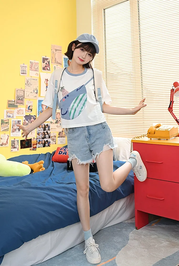 Cute Blue Whale Color Contrast Stitching T-shirt
