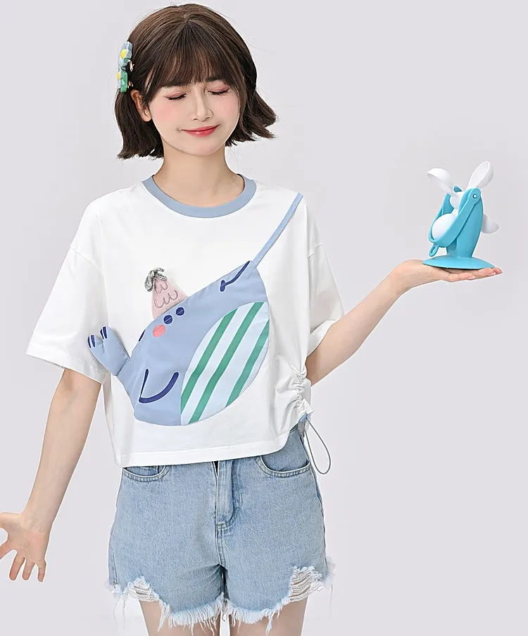 Cute Blue Whale Color Contrast Stitching T-shirt