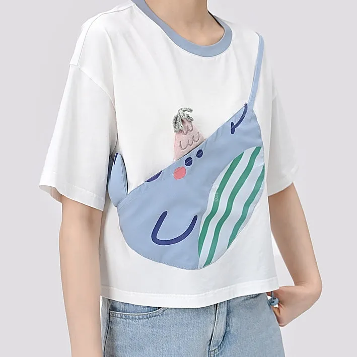 Cute Blue Whale Color Contrast Stitching T-shirt