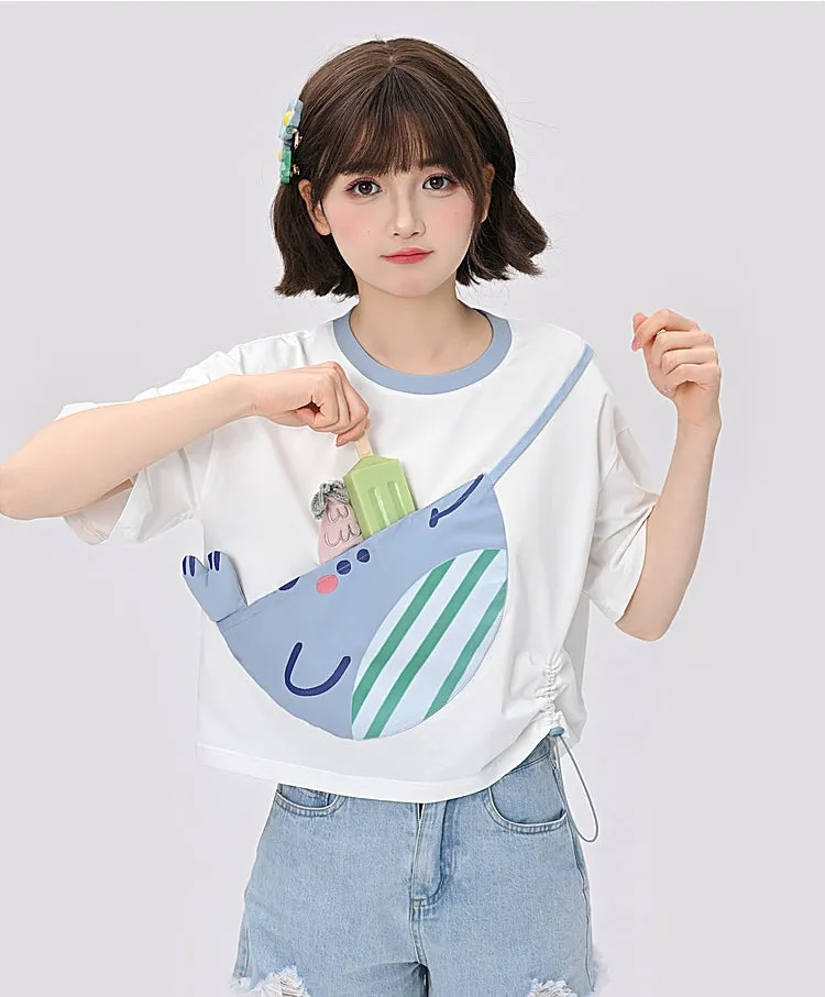 Cute Blue Whale Color Contrast Stitching T-shirt