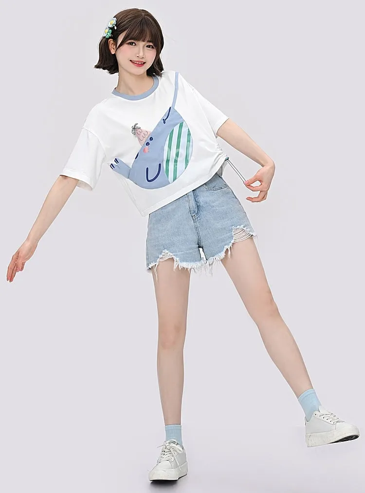 Cute Blue Whale Color Contrast Stitching T-shirt