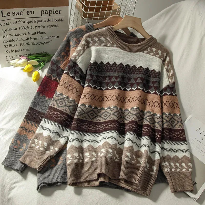 deanwangkt Sweater female art retro new fashion autumn and winter student Japanese diamond jacquard pullover