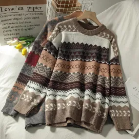 deanwangkt Sweater female art retro new fashion autumn and winter student Japanese diamond jacquard pullover