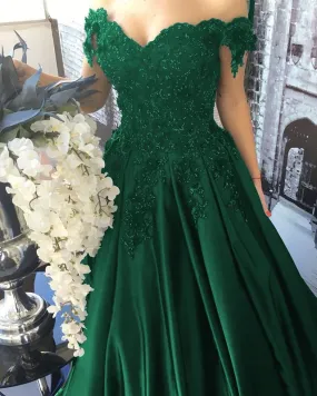 Emerald Green Lace Flower Off Shoulder Prom Dresses 2020