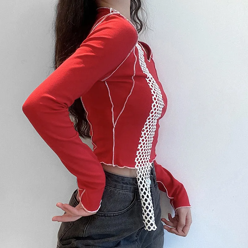 Fashion contrast color slimming irregular stitching long-sleeved T-shirt women