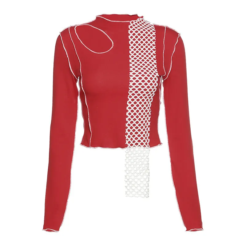 Fashion contrast color slimming irregular stitching long-sleeved T-shirt women