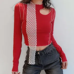 Fashion contrast color slimming irregular stitching long-sleeved T-shirt women