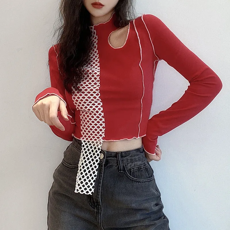 Fashion contrast color slimming irregular stitching long-sleeved T-shirt women