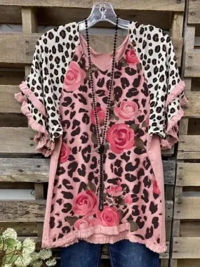 Fashion V-neck loose leopard print stitching flower print lace T-shirt women