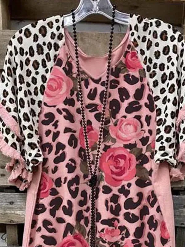 Fashion V-neck loose leopard print stitching flower print lace T-shirt women