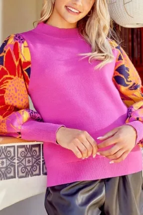 Floral Bubble Long Sleeve Sweater- Bubble Gum Pink