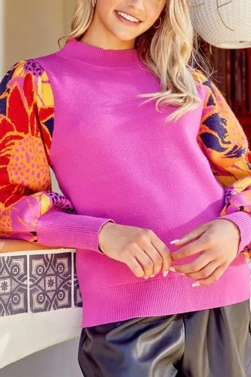 Floral Bubble Long Sleeve Sweater- Bubble Gum Pink