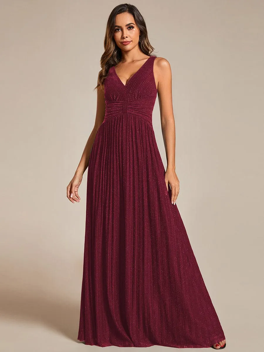 Glittery Sleeveless  Pleated Empire Waist A-Line Formal Evening Dress