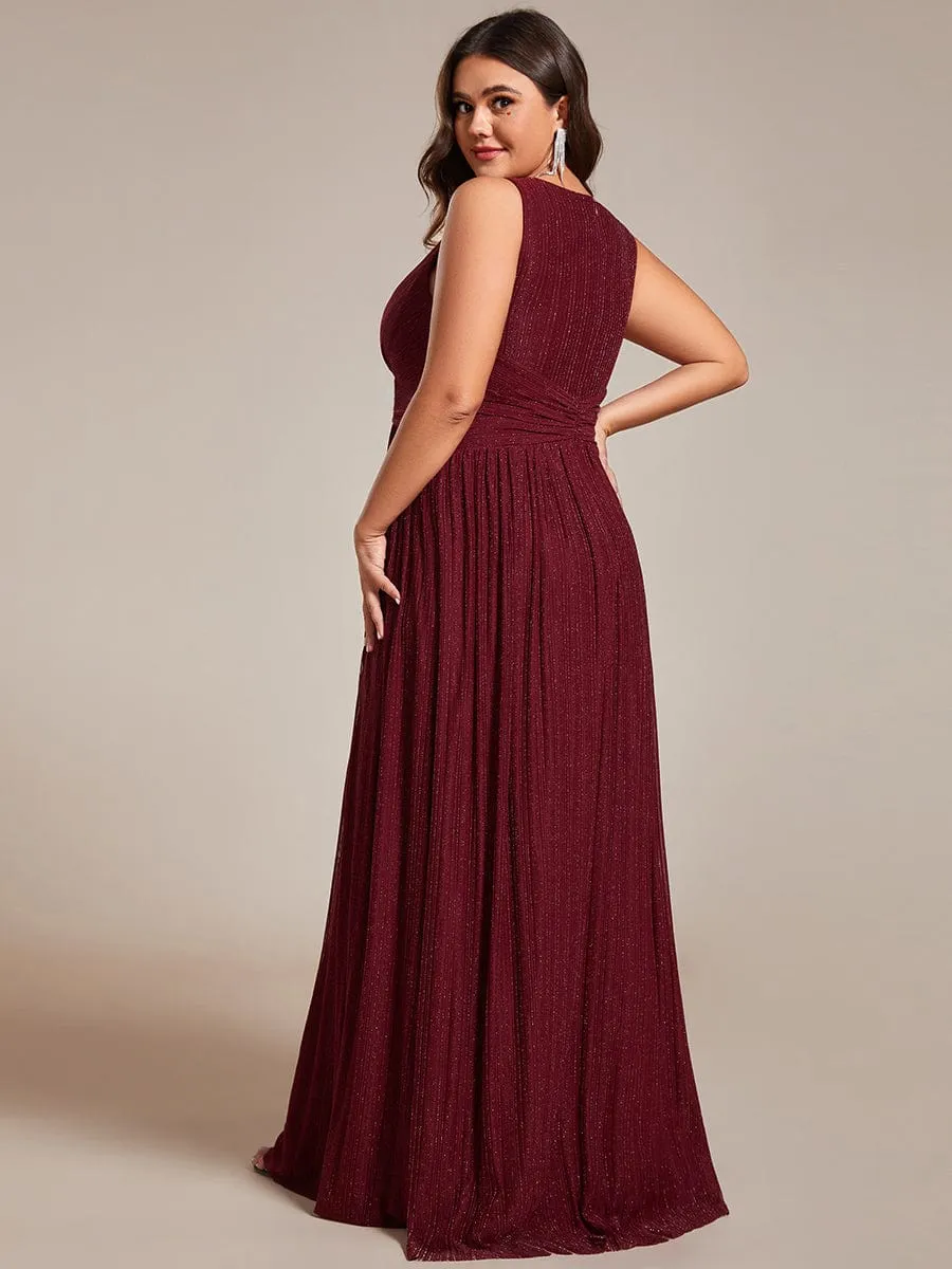 Glittery Sleeveless  Pleated Empire Waist A-Line Formal Evening Dress