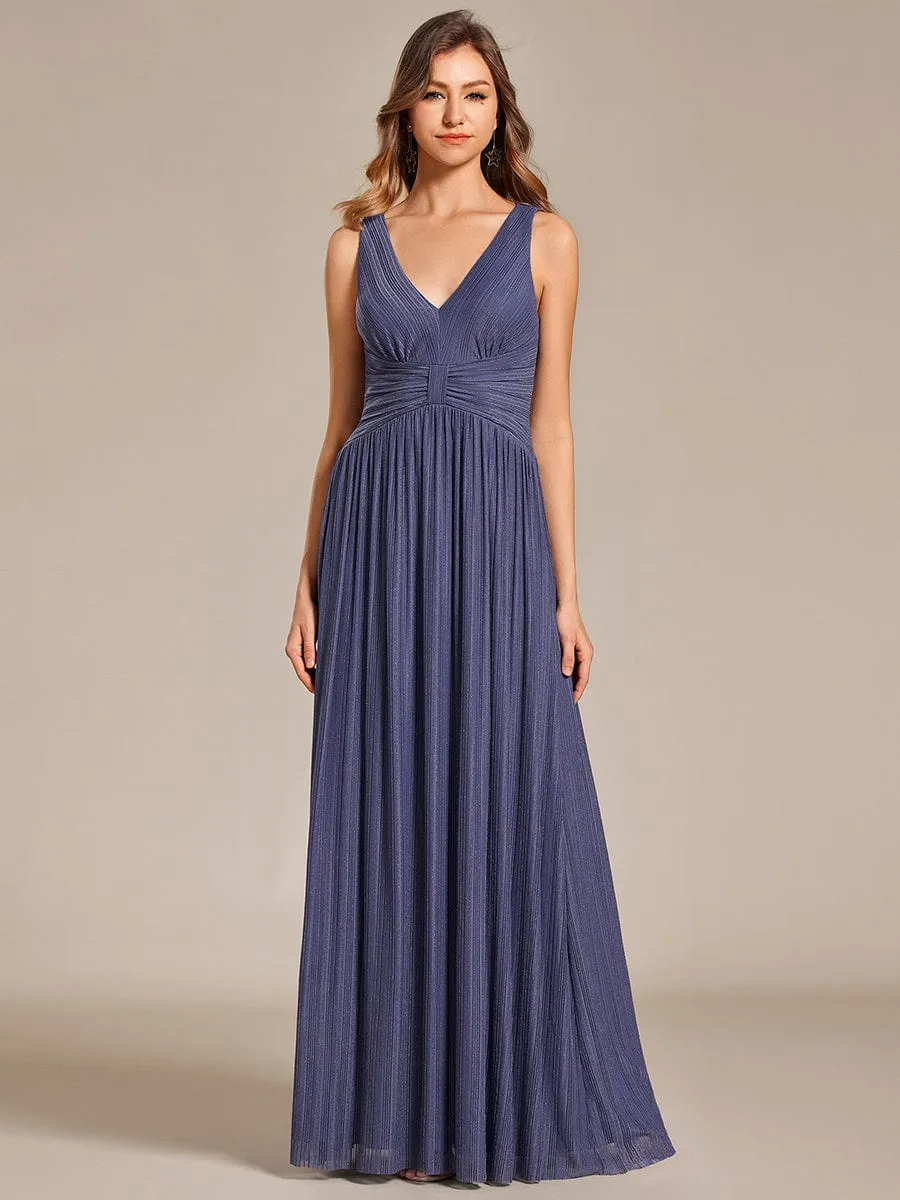 Glittery Sleeveless  Pleated Empire Waist A-Line Formal Evening Dress