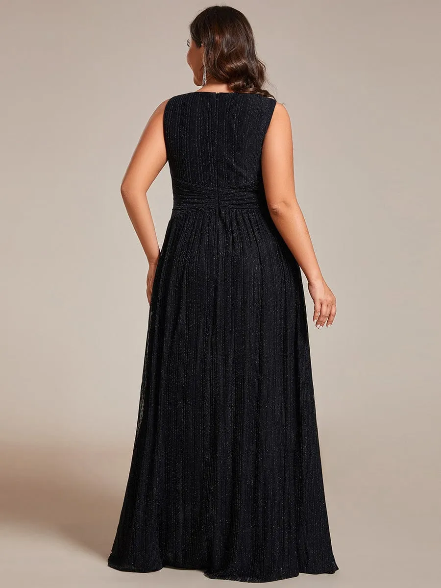 Glittery Sleeveless  Pleated Empire Waist A-Line Formal Evening Dress