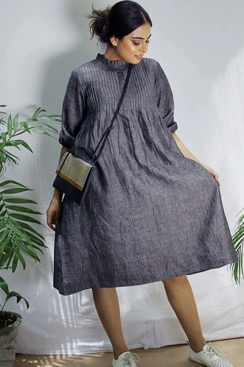 Gray Pin-Tuck Linen Dress