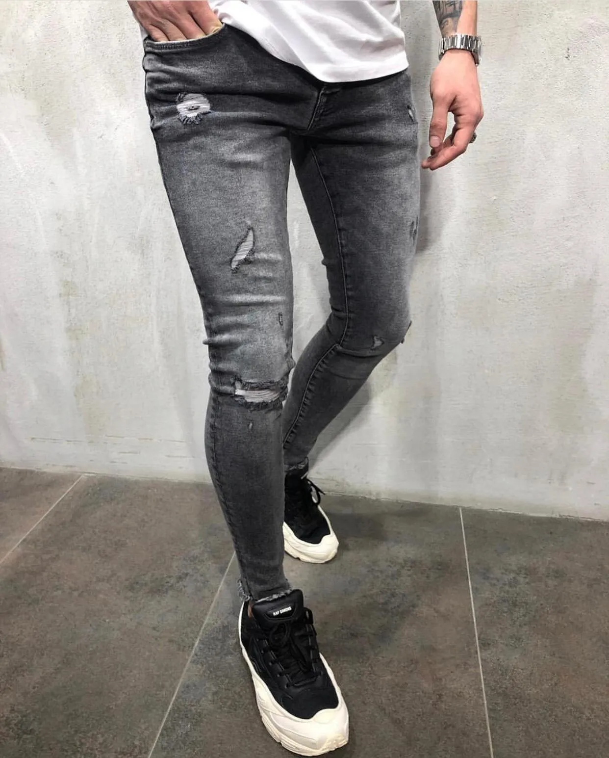 Gray Washed Ripped Skinny Jeans AY607 Streetwear Jeans